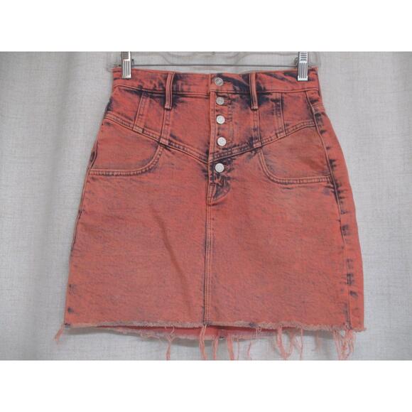 MOTHER SUPERIOR Orange Coral Acid Wash Raw Hem A Line Mini Skirt sz 25 - Picture 1 of 8